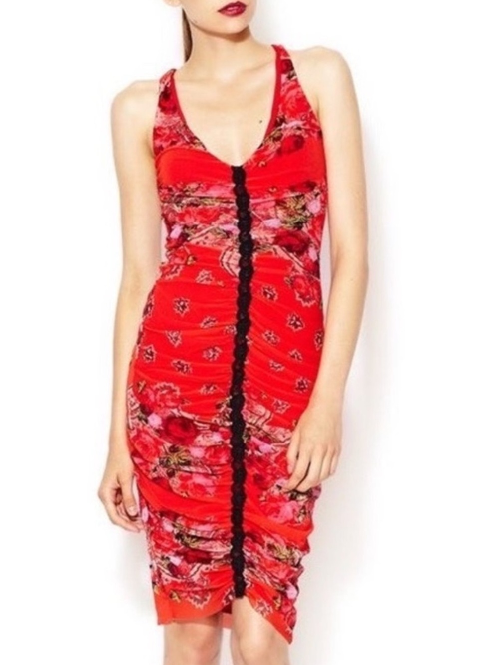 Jean Paul Gaultier Red Floral Ruched Midi Dress with Black Center Trim